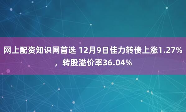 网上配资知识网首选 12月9日佳力转债上涨1.27%，转股溢价率36.04%